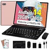 UJJ Android 14 Tablet, 128GB+20GB/1TB Expandable, 10.1 Inch Tablets with WiFi 6, Octa-Core, Bluetooth 5.0, Dual 5MP+8MP Camera, 2024 Newest Tablet with Keyboard Mouse - Rose Gold