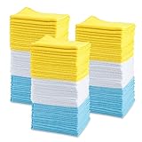 Amazon Basics Microfiber Cleaning Cloths for Cars, Non-Abrasive, Highly Absorbent, Lint Free, Reusable and Washable, Pack of 144, Blue/White/Yellow, 16