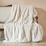 Amélie Home Faux Fur Throw Blanket for Couch, Rabbit Fur Warm Luxurious Soft Striped Cozy Fluffy Plush Gift Blankets for Family Sofa Chair Bed Living Room,Ivory,55 x 70 inch
