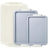 BRONYPRO Non Stick Ceramic Baking Sheet Pan Set of 3, Natural Non Toxic Cookie Sheets for Baking - PFOA, PTFE Free, Heavy Duty Aluminized Steel Oven Trays for Cooking with Silicone Handles, Cream