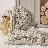 Bedsure Chunky Knit Blanket Throw - 5.06 lbs 100% Hand Knit Chenille Throw Blanket for Couch, Christmas Thick and Soft Cable Knit Crochet Blanket for Bed Home Decor, Linen Beige, 50x60 Inches