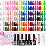 Beetles Gel Nail Polish Set, 69 PCS 60 Colors Gel Nail Polish Kit with Base Coat Glossy Matte Top Coat Gel Polish Glitter Jelly Nude Pink White Red Blue Green Brown Nail Gel Valentines Gift for Women