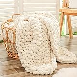 Bigacogo Chunky Knit Blanket Throw 40"x60", 100% Hand Knitted Chenille Throw Blanket, Soft Thick Yarn Cable Knit Blanket, Cute Rope Knot Crochet Throw Blankets for Couch Bed Sofa (Beige)