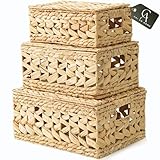 CHI AN HOME Wicker Storage Basket with Lid, Natural Decorative Wicker Basket for Shelf, Woven Baskets with Lids, 14in Lidded Basket, Rattan Storage Basket with Lid, Rattan Box Set of 3 for Organizing
