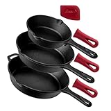 Cuisinel Cast Iron Skillet Set - 3-Piece: 6" + 8" + 10"-Inch Chef Frying Pans - Pre-Seasoned Oven Safe Cookware + 3 Heat-Resistant Handle Covers - Indoor/Outdoor Use - Grill, Stovetop, BBQ, Fire Safe