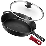 Cuisinel Cast Iron Skillet with Lid - 12"-Inch Frying Pan + Glass Cover + Silicone Handle Holder - Pre-Seasoned Oven Safe Cookware - Indoor/Outdoor Use - Grill, BBQ, Fire, Stovetop, Induction