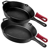 Cuisinel Pre-Seasoned Cast Iron Skillet 2-Piece Set (10-Inch and 12-Inch) Oven Safe Cookware- 2 Heat Resistant Holders