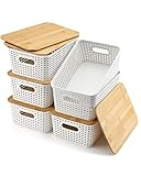 EOENVIVS Storage Bins with Lids 6 Packs, Plastic Storage Bins with Bamboo Lids for Pantry Organization and Storage Containers for Shelves Drawers Desktop Closet Playroom Classroom Office Home, White