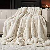 EVERGRACE Ultra Soft Faux Fur Throw Blanket for Couch, Luxury Sculpted Texture Faux Rabbit Fur Blanket for Bed, Fluffy Thick Plush Warm Fuzzy Reversible Blankets, 920GSM (Ivory White, 60''x80'')