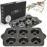 EVODAE® 2 PCS MINI BUNDT CAKE PANS FOR BAKING -12 cup - 2x6 Pieces - Pro-Grade - Premium Black Coated - Nonstick Molds - Fluted Tube Pan For Small Individual Cakes - Bundtlette - Cakelette - Buntini