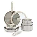 GreenLife Click 10-Piece Stainless Steel TriPly Cookware Set, Detachable Handle, Stackable Space Saving Kitchen Essential, PFAS-Free Pots & Pans, Induction & Oven Safe, Glass Lid, Silver