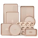 HONGBAKE 9-Piece Baking Pans Set Nonstick, Stackable Non Toxic Bakeware Sets with Diamond Texture, Oven Pan Set for Cooking, Includes Cookie Sheet with Rack, Cake Pan, Roasting Pan, Muffin Pan, Gold