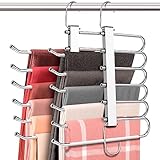 HUITEM 4 Pack 6-Tier Space Saving White Pant Hangers, Anti-Slip, Lightweight, Stainless Steel, Ideal for Closet Organization, Free Installation