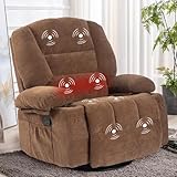 KCQ Overstuffed Swivel Rocker Recliner Chairs with Massage and Heat Fabric Manual Recliners with Cup Holders Brown Rocking Reclining Chairs for Adults