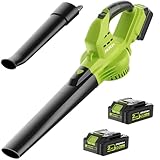 Leaf Blower Cordless with 2 Battery and Charger, 130MPH 180CFM High Speed Leaf Blower with 2 Tubes, 20V Electric Leaf Cleaner, Lightweight Handheld Small Blower for Patio, Garden, House, Depot, Green