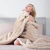 Lessymo Sherpa Winter Blankets Queen Size for Bed, Thick Warm Checkered Blanket for Winter, Soft Fuzzy Plush Fleece Blankets & Throws for Women, Beige, 90x90 Inches