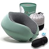 Luvcor Premium Quality Memory Foam Travel Neck Pillow Bundle - Best Ergonomic Pillow for Airplane Travel, car Ride, Sleeping. Comes with Eye mask, earplugs and Storage Bag. (Imperial Green)