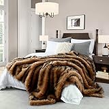 Luxury Plush Faux Fur Blanket King Size, Long Pile Brown with Black Tipped Blanket, Oversized Super Warm, Fuzzy, Elegant, Fluffy Decoration Blanket Scarf for Sofa, Armchair, Couch and Bed, 104"x90"