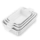MALACASA Casserole Dishes for Oven, Porcelain Baking Dishes, Ceramic Bakeware Sets of 4, Rectangular Lasagna Pans Deep with Handles for Baking Cake Kitchen, White (9.4