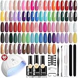 MEFA 60 Pcs Gel Nail Polish Kit with U V Light, 42 Colors All Seasons Collection Nude Colorful Gel Polish Essential Set with 5 Psc Matte/Glossy Base Top Coat, Cuticle Remover, Salon Gifts for Women