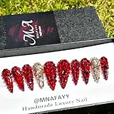 MNAFAYY Luxury Gems 100% Handmade Nails Long Stiletto Press On Nails Full Cover 3D Rhinestone Crystal Gorgeous Reusable UV Finished Fake False Nails Acrylic Nail Kit With Box Gifts for Women Red