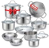 Mueller Pots and Pans Set 17-Piece, Ultra-Clad Pro Stainless Steel Cookware Set, Ergonomic EverCool Handle, Induction Cookware, Includes Saucepans, Skillets, Dutch Oven, Stockpot, Steamer For Cooking