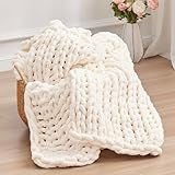 Negwoo Chunky Knit Throw Blanket, 50''*60'' Knitted Throw Chenille Blankets for Bed Couch, Handmade Cream Crochet Blanket Big Thick Blanket, Machine Washable Cute Comfy Blanket for Home Decor