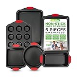 NutriChef 6-Piece Nonstick Bakeware Set - Carbon Steel Baking Tray Set w/ Heatsafe Red Silicone Handles, Oven Safe Up to 450°F, Loaf Muffin Round/Square Pans, Cookie Sheet, Baking Pan -NCSBS6S,Black