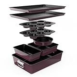 NutriChef 8-Piece Nonstick Stackable Bakeware Set - PFOA, PFOS, PTFE Free Baking Tray Set w/Non-Stick Coating, 450°F Oven Safe, Round Cake, Loaf, Muffin, Wide/Square Pans, Cookie Sheet (Plum)