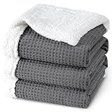 PHF Waffle Sherpa Blanket Queen Size, 90x90 Inches Luxury Plush Flannel Blanket for Winter, No Shed No Pilling, Cozy Soft Reversible Waffle Weave Fleece Blanket for Bed and Couch, Grey