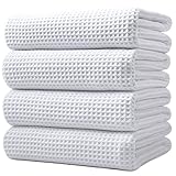 POLYTE Microfiber Oversize Quick Dry Lint Free Bath Towel, 60 x 30 in, 4 Pack (White, Waffle Weave)
