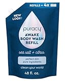 Puracy Body Wash Refill, Natural Body Wash, 98.6% Pure Plant Ingredients, Moisturizing Shower Gel for Women Men Kids, Body Soap for Dry Sensitive Skin Gently Scented with Citrus & Sea Salt, 48 Oz