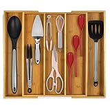 Purawood - Large Premium Bamboo Silverware Organizer - Expandable Kitchen Drawer & Utensil Organizer, 17.5" x 19.75" Cutlery Tray with Drawer Dividers for Kitchen Flatware (3-5 Slots) (Natural)