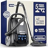 RapidSweeper Bagged Canister Vacuum Cleaner & Blower for Home - Washable HEPA Filter - 5L Capacity - 5 Speeds - for Hardwood & Low-Medium Pile Carpet - Lightweight - Retractable Cord
