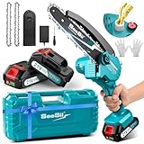 Seesii Mini Chainsaw 6 inch,Cordless Chainsaw w/ 2x2000mAh Batteries,Oiler System & Replacement Chain,Handheld Electric Chain Saw w/Safety Lock,Battery Powered Chainsaw for Wood Tree Cutting, CH600+