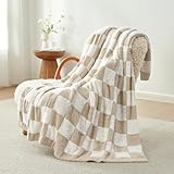 Snuggle Sac Checkered Throw Blanket Faux Fur Microfiber Blankets for Couch,Cozy Soft Warm Blanket for Sofa Bedroom Living Room,Beige Checker,50x60 inches