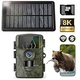 Solar Trail Camera 8K 30FPS, 60MP Bluetooth WiFi Game Camera, APP Control Trail Cam, 120° Detection Angle/Night Vision/0.1S Trigger Motion Activated/IP66 Waterproof, Deer Camera for Wildlife Farm