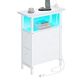 TRIFEBLE End Table with Charging Station, Narrow Side Table with 2 Fabric Drawers, Skinny Nightstand with LED Light, Slim Bedside Table for Bedroom, Living Room, Small Spaces, White