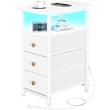 Yoobure End Table with Charging Station, LED Narrow Side Table Bedside Table, Small Night Stand End Tables Living Room, Skinny Nightstand with 3 Fabric Drawers, Side Tables Bedroom for Small Spaces