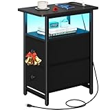 Yoobure End Table with Charging Station, Narrow Side Table LED Small Night Stand, Skinny Nightstand with Fabric Drawers, Bedside Table End Tables Living Room, Side Tables Bedroom for Small Spaces