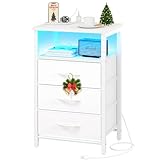 Yoobure Night Stand with Charging Station, 16 Colors LED Nightstand with USB Ports and Outlets, End Table with 3 Fabric Drawers and Storage Shelf, Bedside Tables Small Dresser for Small Space White