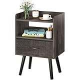 Yoobure Night Stand with Fabric Drawer, Modern Nightstand, Bedside Tables, Mid Century Nightstands with Open Storage Shelf, Wood Bedside Table, Small Night Stands for Bedrooms, 2-Tier Night Table