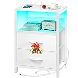 Yoobure Nightstand with Charging Station, LED Night Stand with Fabric Drawers and Storage Shelf for Bedroom, Nightstands Bedside Tables with USB Ports & Outlets, Small Night Stands, Bed Side Table