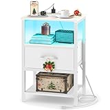 Yoobure White Night Stand with Charging Station, LED Nightstand for Bedroom, Bedside Tables with Adjustable Fabric Drawer, 3-Tier End Table Living Room, Small Side Table with Storage
