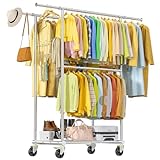 100% Stainless Steel Heavy Duty Clothes Rack Load 960LBS, Three Rods Clothing Racks for Hanging Clothes Extendable, Rolling Garment Rack With Sturdy Wheels Shelves Hooks, Portable Closet Wardrobe Rack
