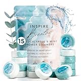 15 Inspire Breathe Shower Steamers for Sinus Relief, Eucalyptus & Mint Shower Tablets Aromatherapy, Women Shower Steamers Breathe Easy, Organic Shower Steamers for Women, Shower Tabs for Sinus Relief