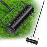 18" Lawn Aerator Tool Manual Lawn Aerators Rolling Lawn Aerator Manual Aeration Tool Soil Aerator Roller with 55" Stainless Steel Handle and Handle Cover for Garden Patio Manual Lawn Aerator Black
