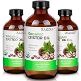 3 Pcs Certified Organic Castor Oil, Natural Oil Cold pressed in Glass Bottle, Massage Oil, Pure for Hair Growth, Eyelashes, Eyebrows, Lash Serum, Hexane Free Caster Oil in Bulk, 8 oz Per Bottle