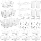 30 Pcs Pegboard Accessories Organizer Kit Includes Pegboard Storage Basket, Peg Board Shelf, Organizer Bins, Organizer Cup with Cup Holder for Pegboard Organizing Various Tools (White, Clear, Silver)