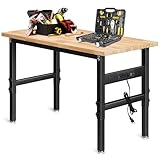 48" Adjustable Work Bench with Power Outlet, Oak Hardwood Top - Heavy-Duty Workbench, Wood Workstation for Garage, Workshop, Office, Home, 2000 LBS Load Capacity Work Table